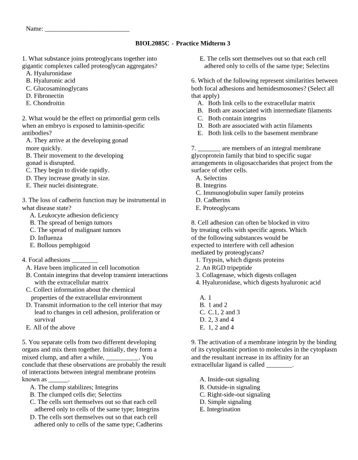 Biology Practice Midterm - Cell Adhesion and Extracellular Matrix