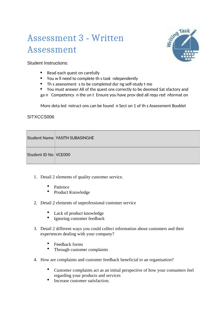 Written Assessment - SITXCCS006