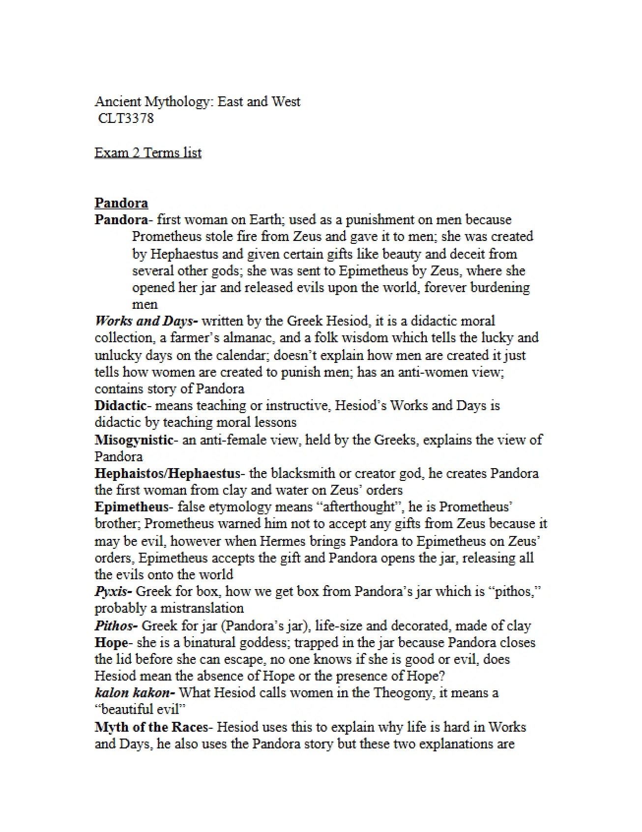 List of Key Terms for Exam Two