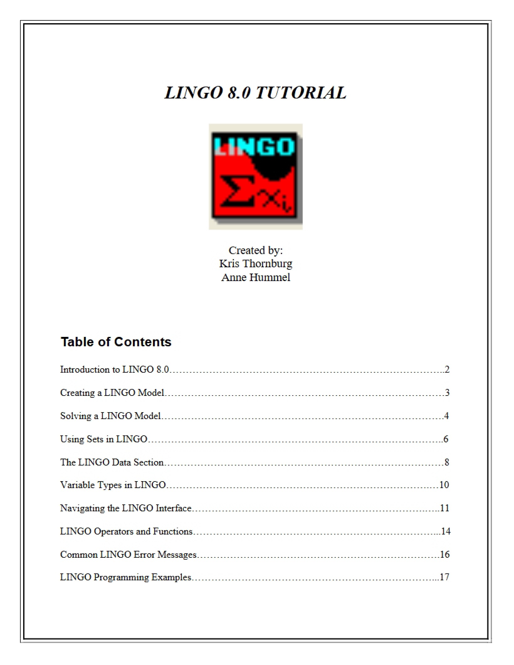 Tutorial for LINGO 8.0