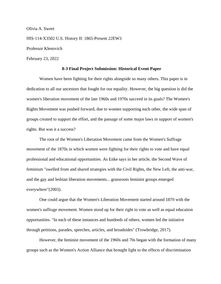 Women's Liberation Movement Success - Examining Goals