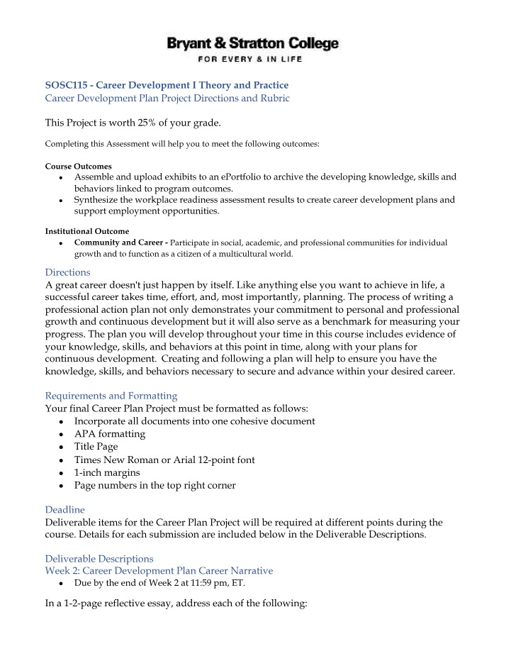 Career Development Plan Project - Rubric and Directions