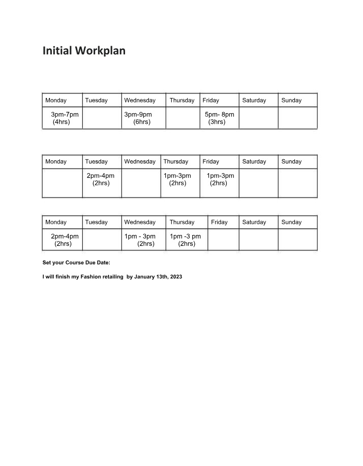 Workplan and Study Schedule for Fashion Retailing