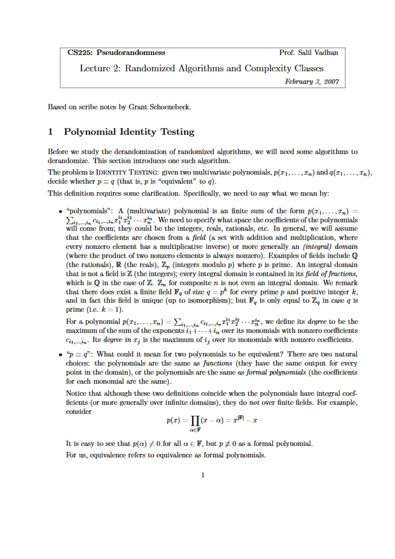 Second Lecture on Pseudorandomness