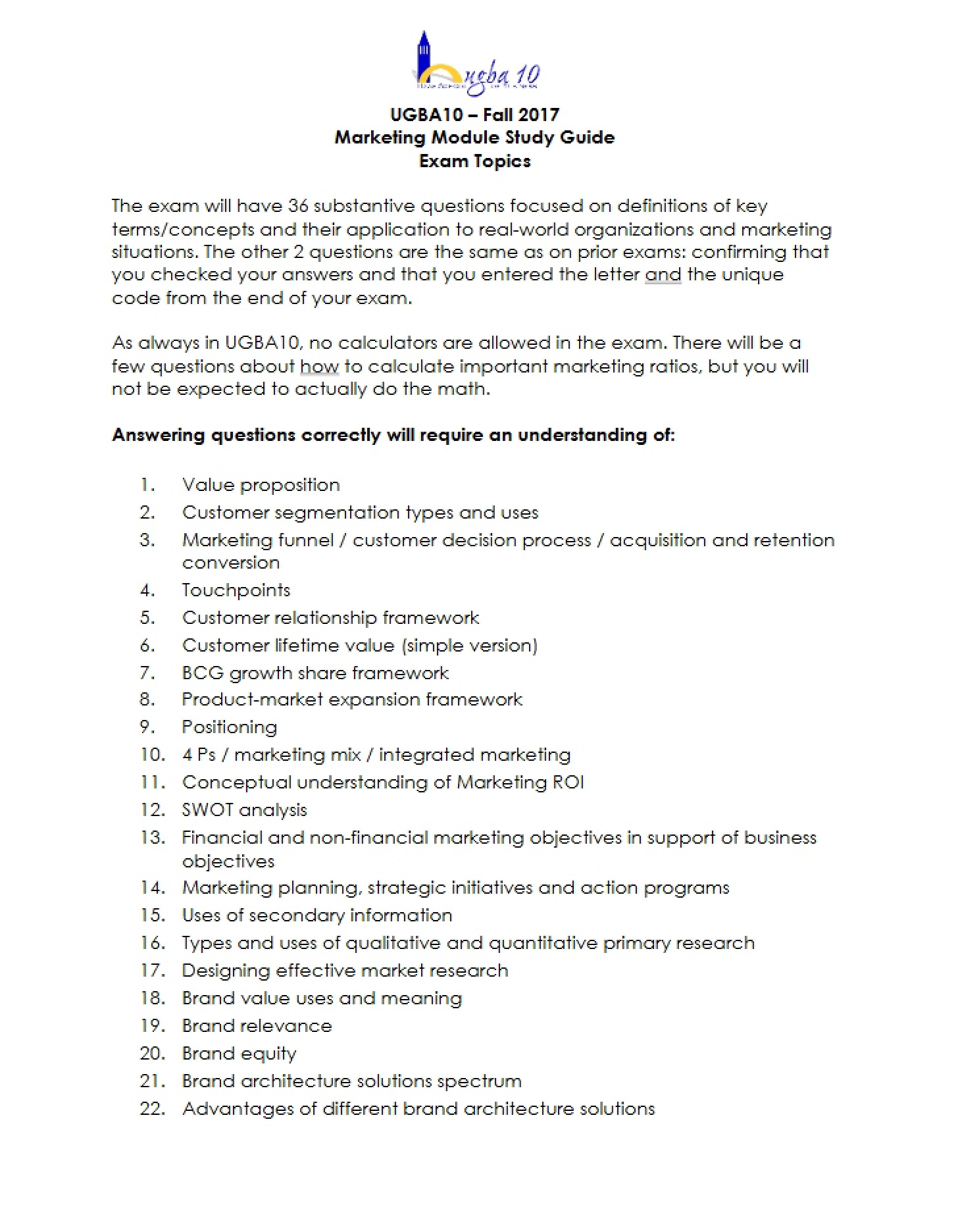 Study Guide for Marketing