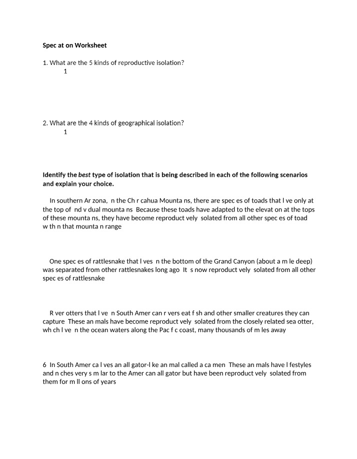 Worksheet on Speciation