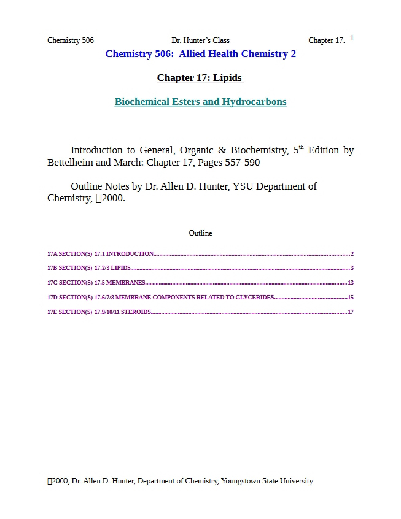Hydrocarbon and Biochemical Esters Lipids (Chapter 17)