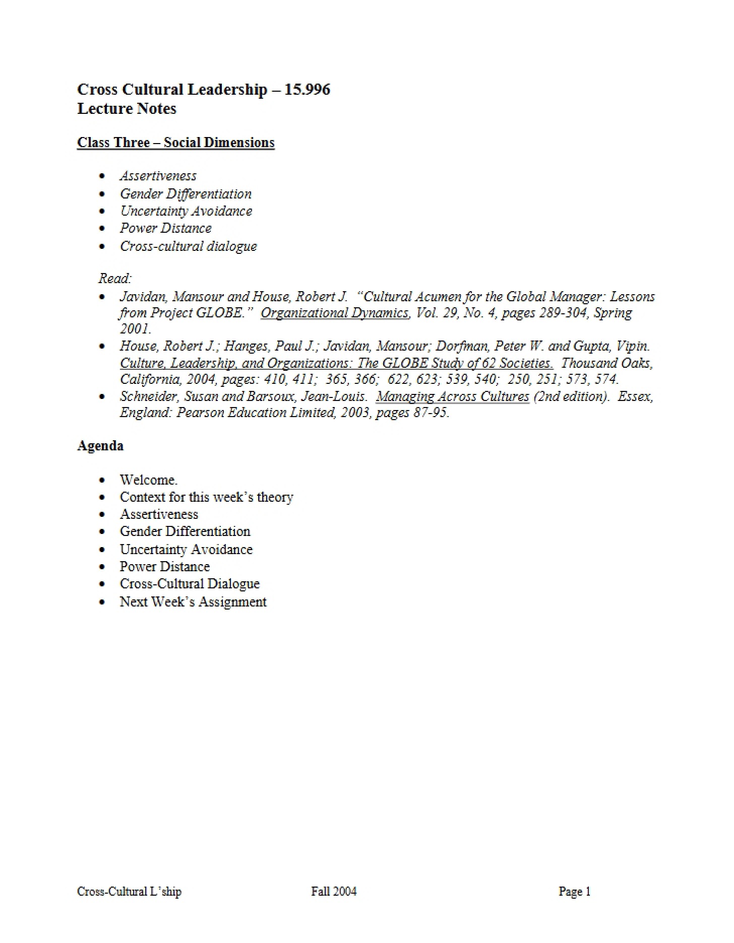 Lecture Notes Leadership Across Cultures