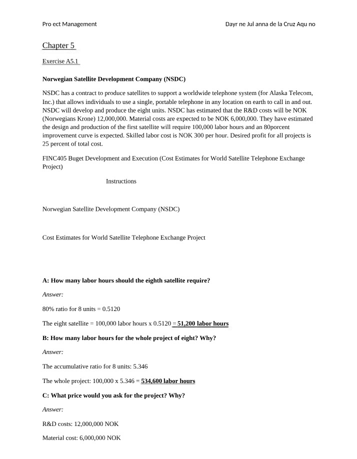 World Satellite Telephone Project - Cost Estimates