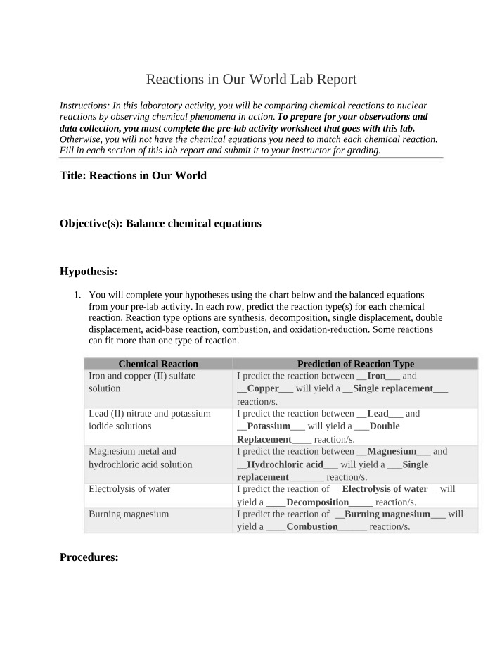 Lab Report - Reactions in Our World