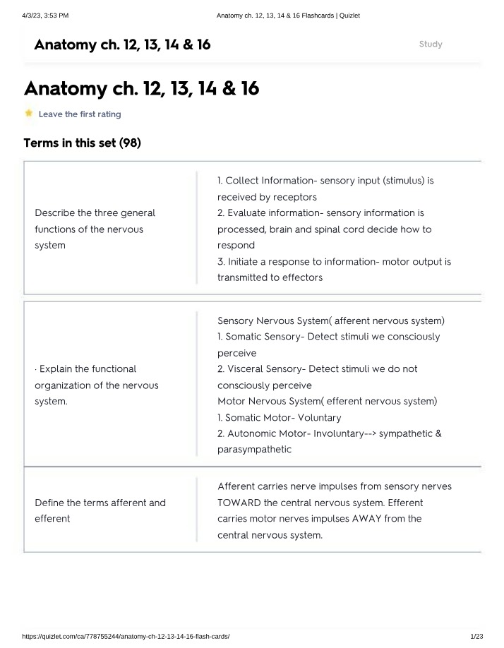 Anatomy Chapters 12, 13, 14 & 16 - Flashcards