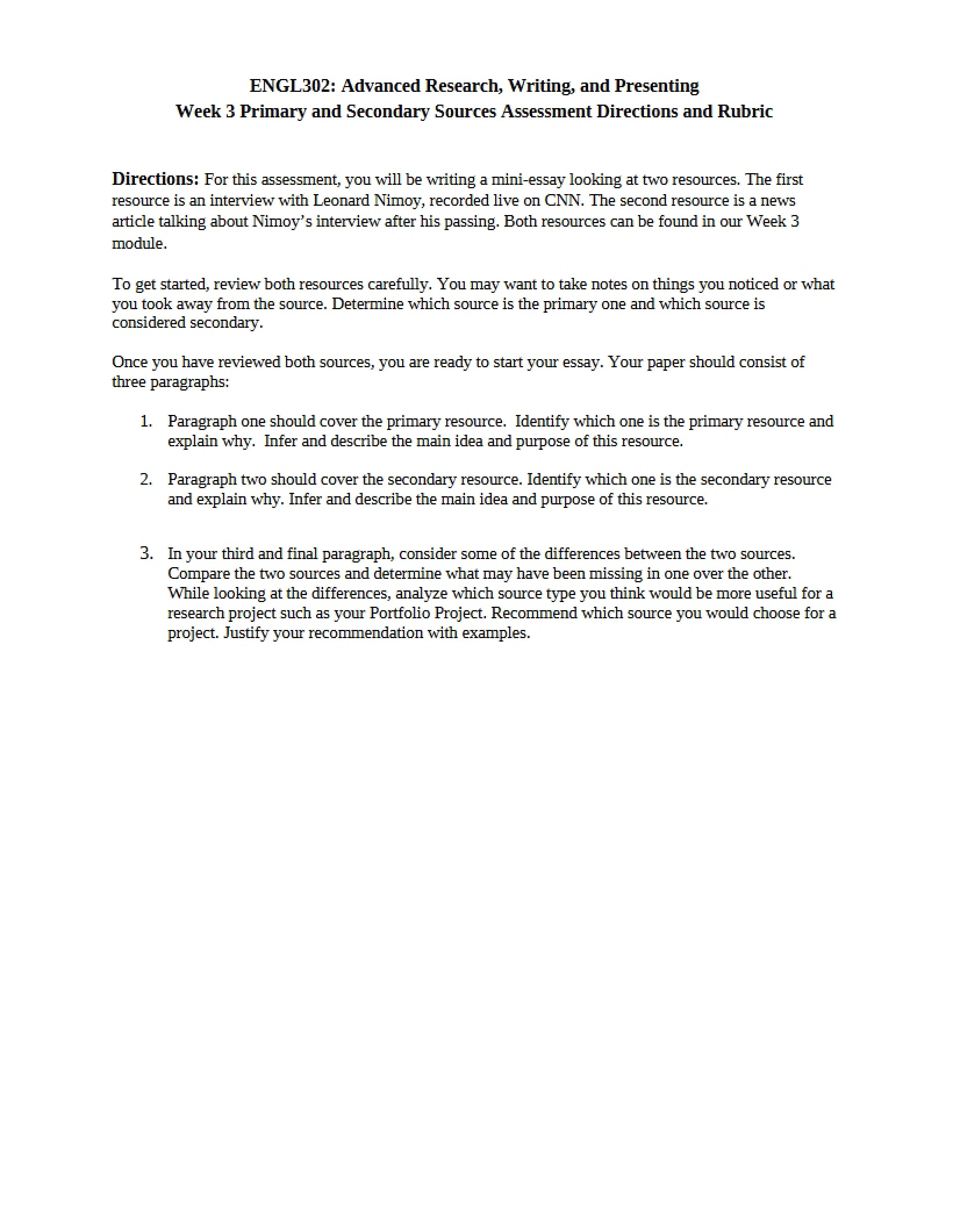 Rubric and Directions Secondary and Primary Sources Assessment