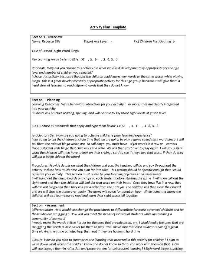 Assessment for Activity Plan