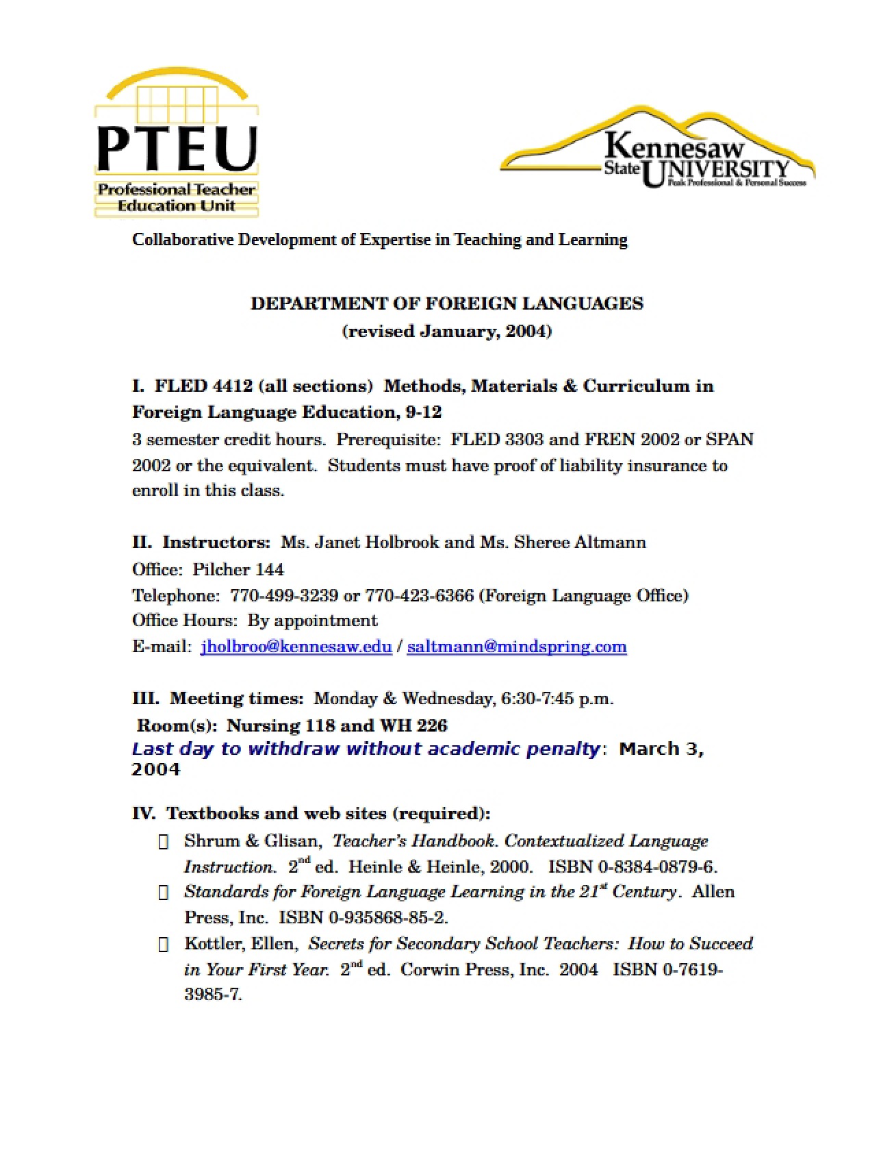 Syllabus Methods and Curriculum in FL Education (9-12)