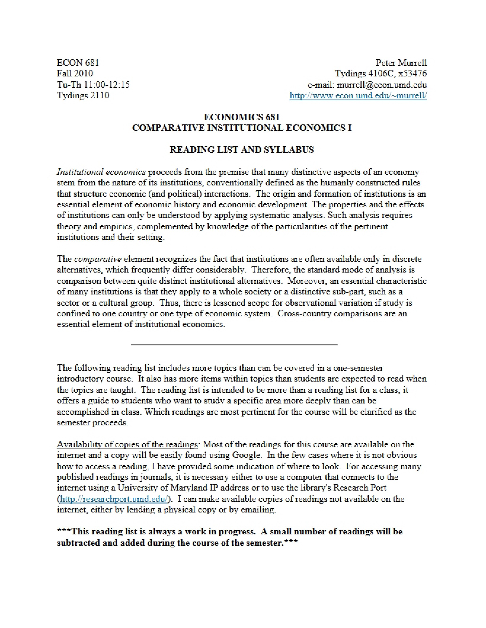 Comparative Institutional Econ Syllabus