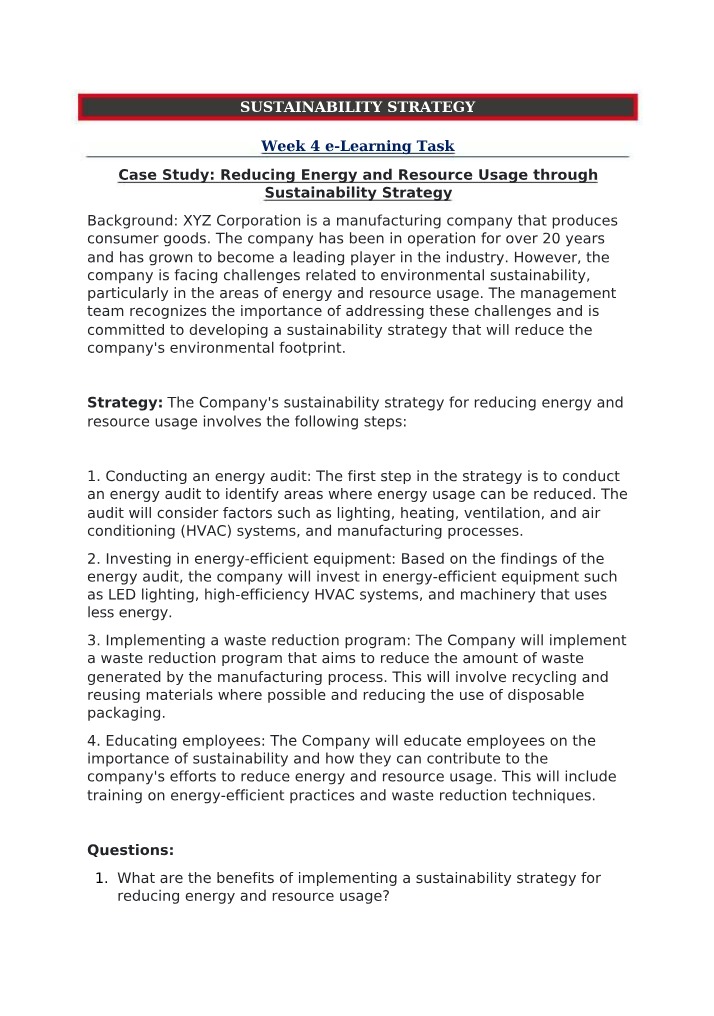 XYZ Corporation Sustainability Strategy - Reducing Resource and Energy Usage