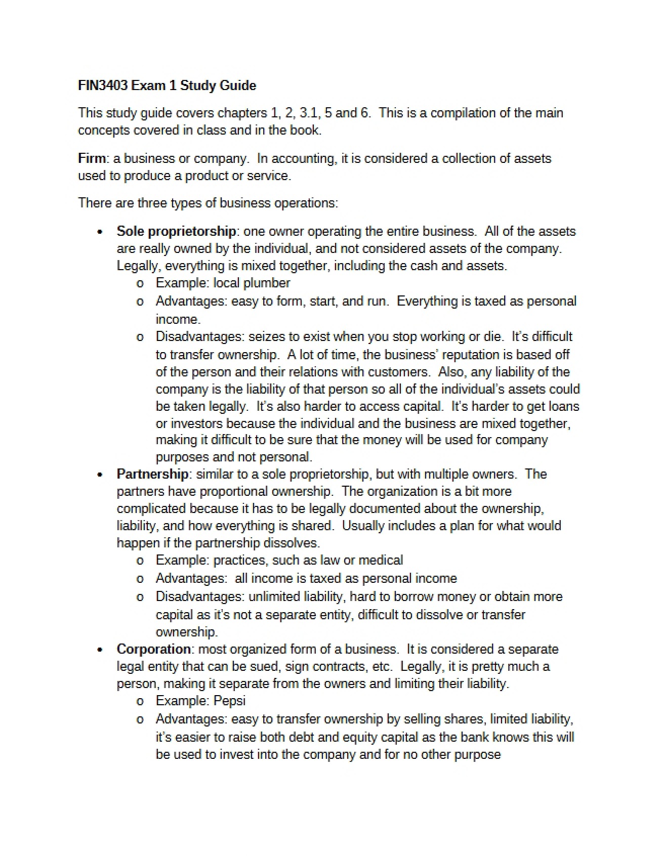 Study Guide for the First Financial Management Exam