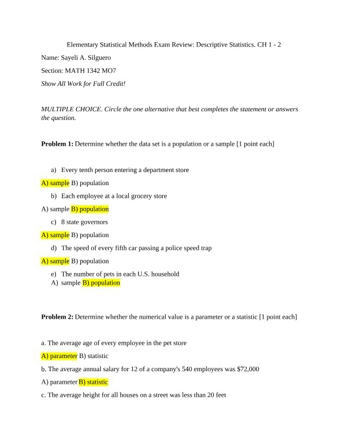Review for Elementary Statistical Methods Exam