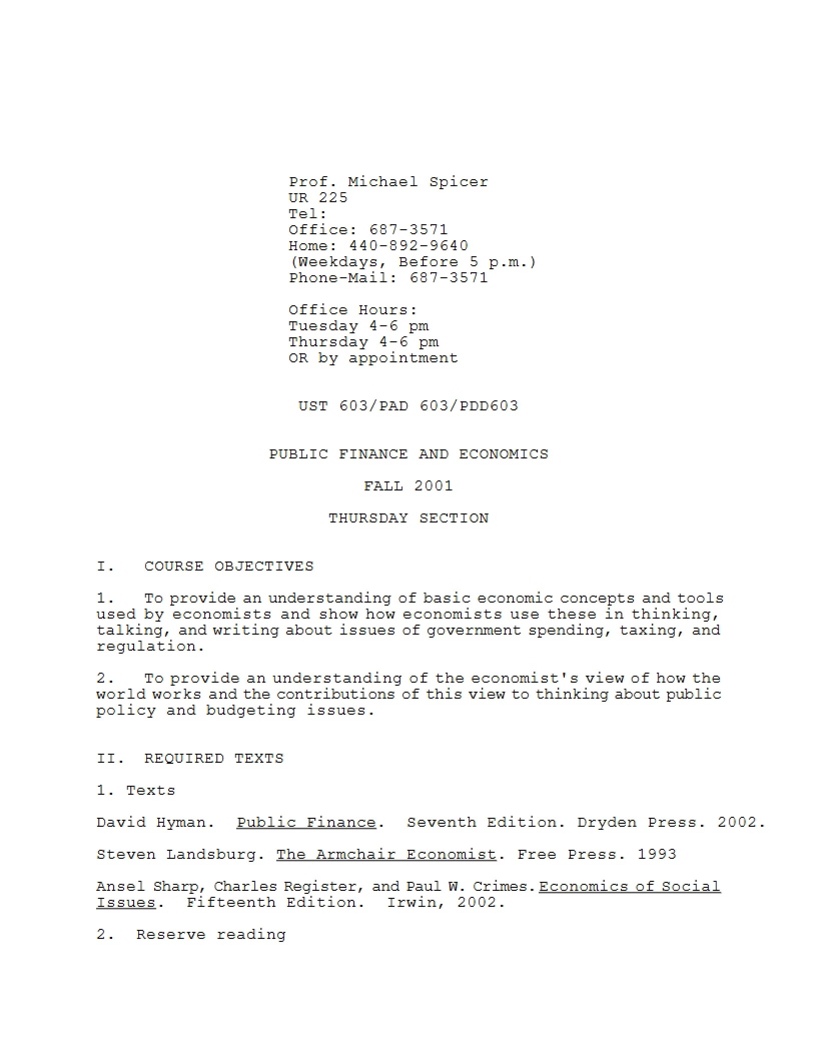 Class Syllabus Public Finance