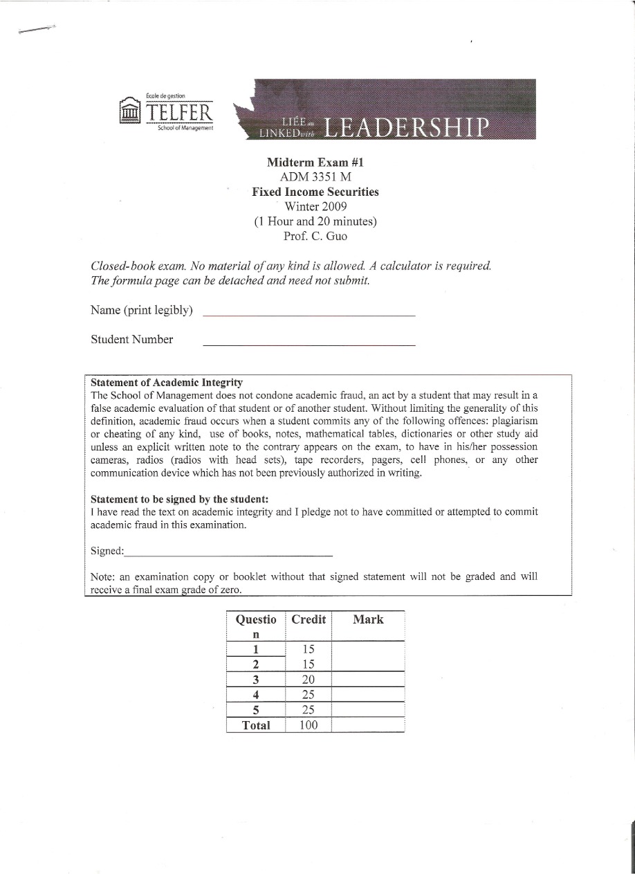 Winter 2009 Fixed Income Securities Midterm Exam #1 - ADM 3351 M