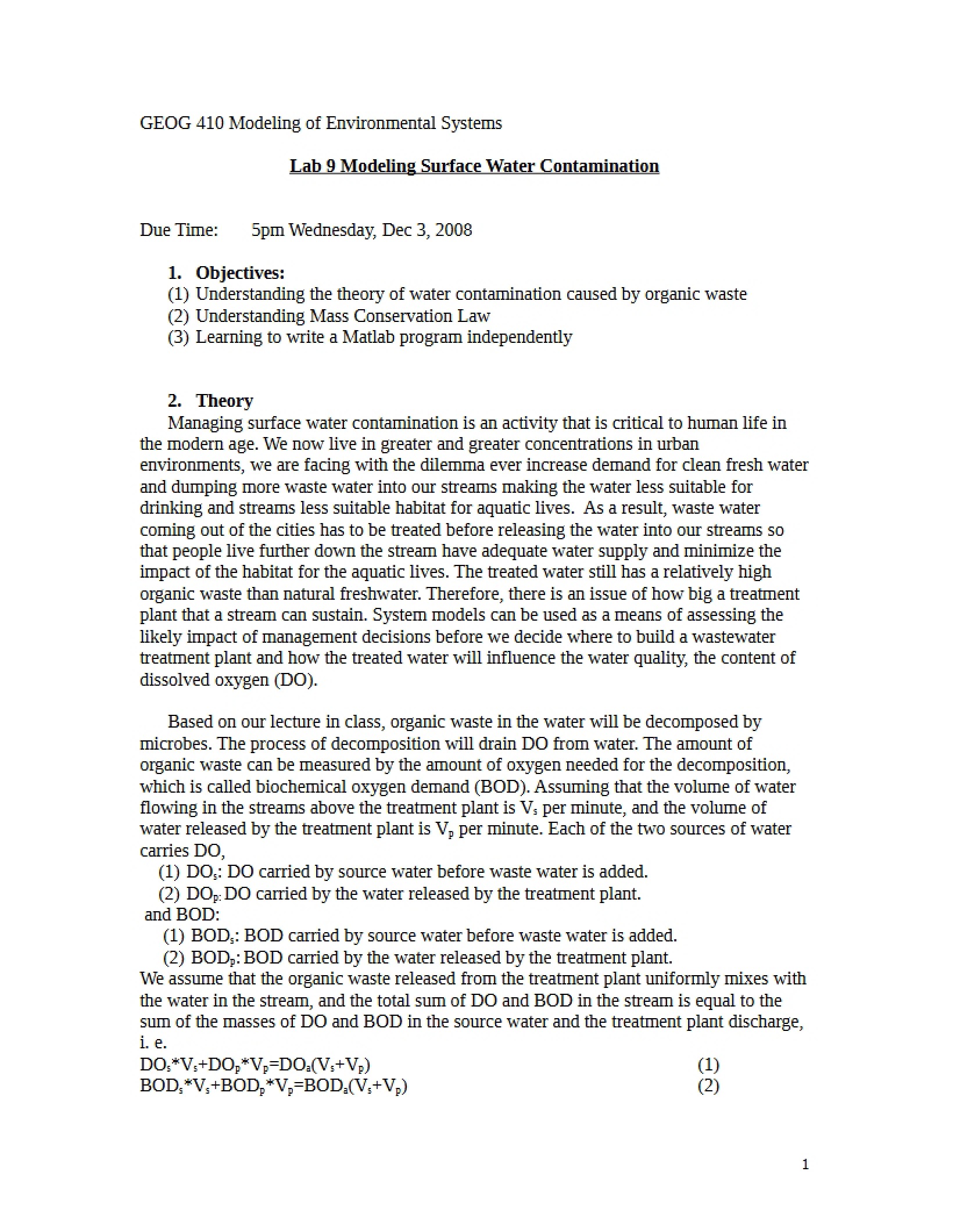 Surface Water Contamination Modeling (Lab 9)