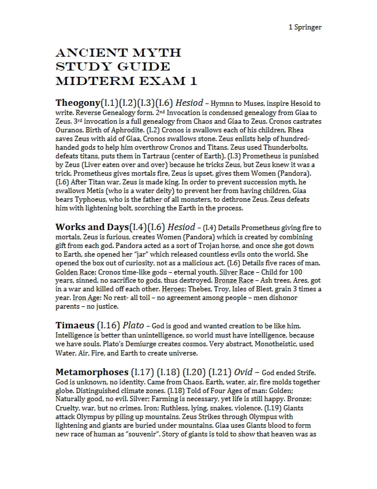 Midterm Exam 1 Study Guide for Ancient Myth