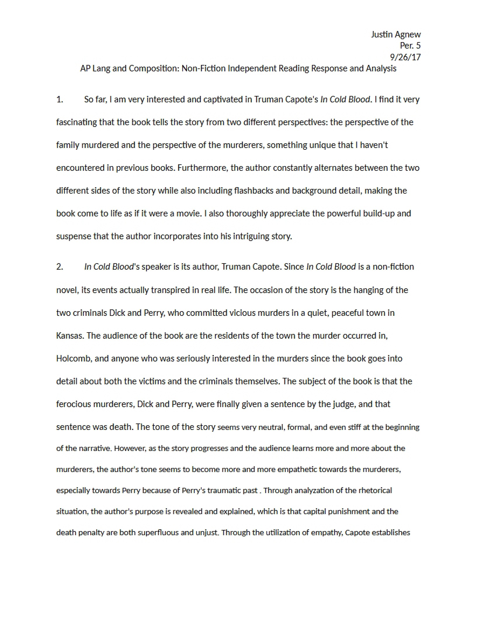 Non-Fiction Analysis and Reading Response for AP Lang