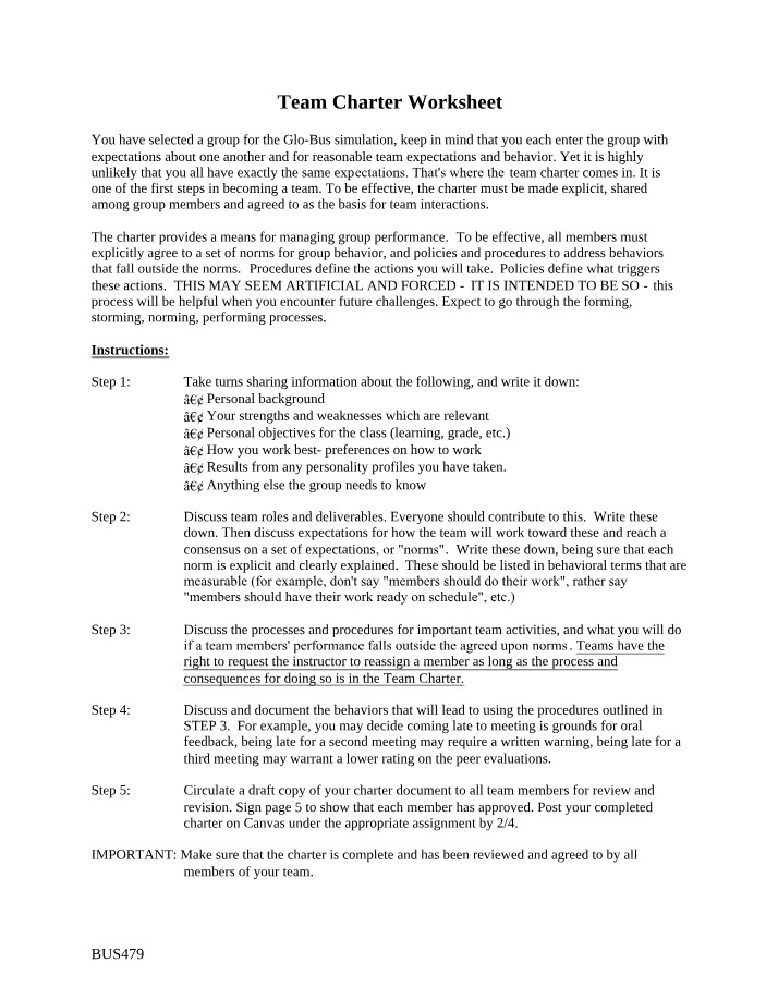 Worksheet for Team Charter