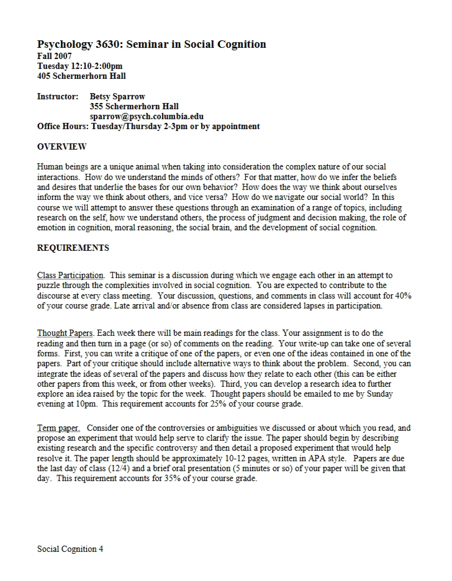 Syllabus for Seminar on Social Cognition