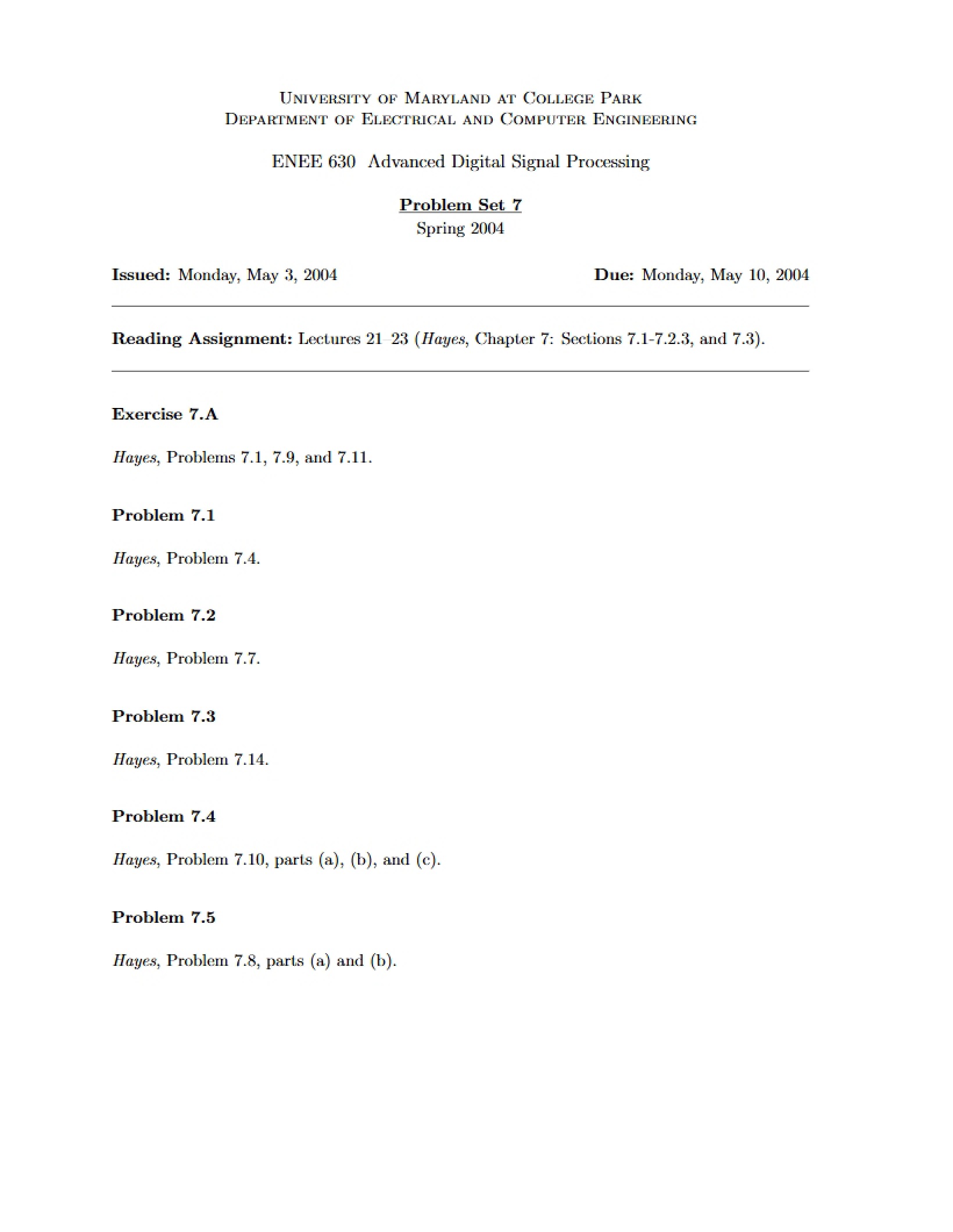Seventh Problem Set
