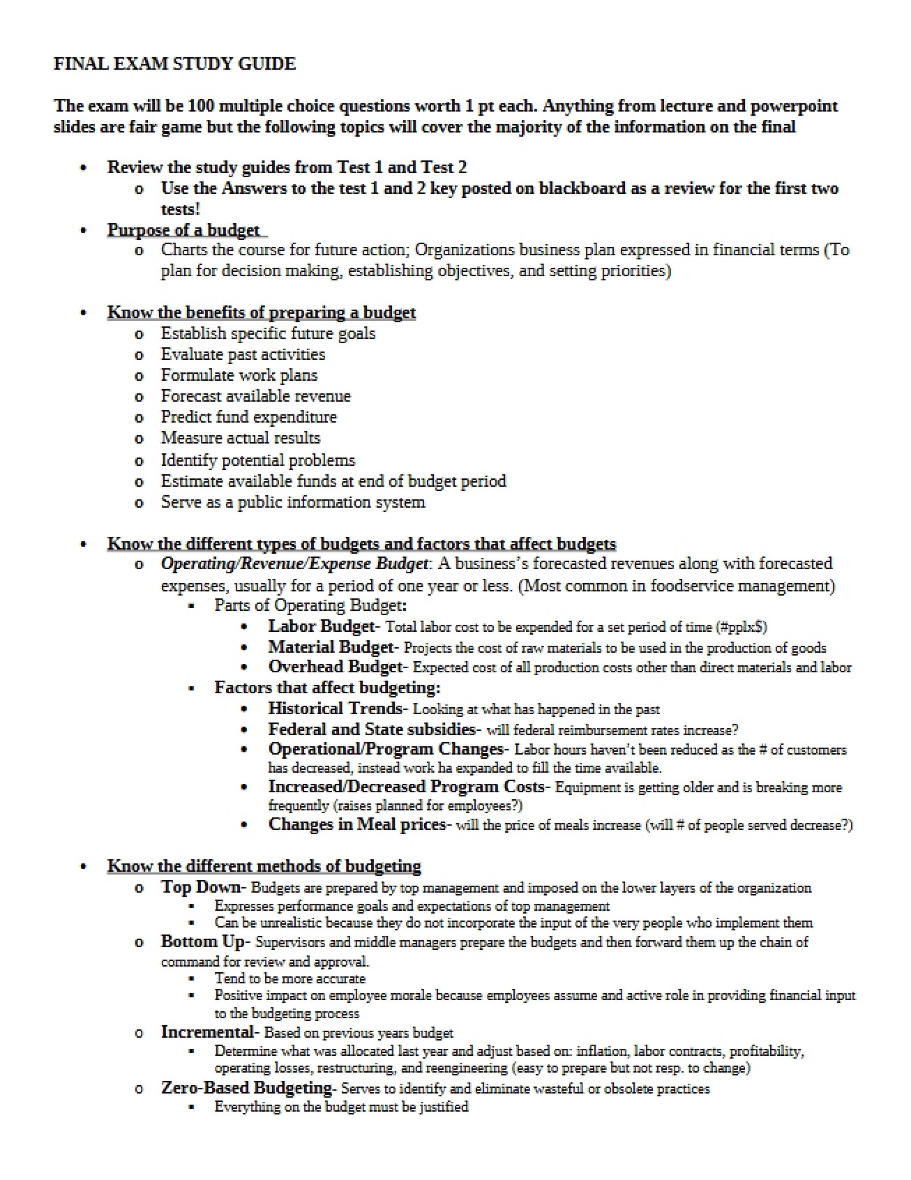 Study Guide for the Final Exam in Institutional Food Economics