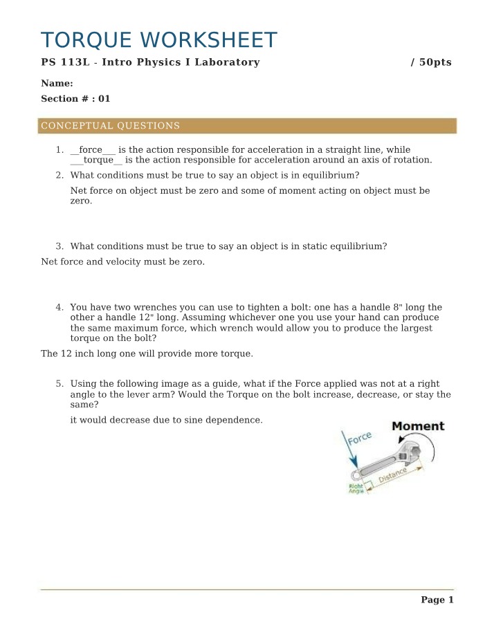 Worksheet on Torque