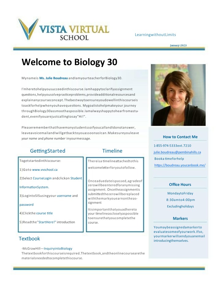 Course Welcome for Biology 30