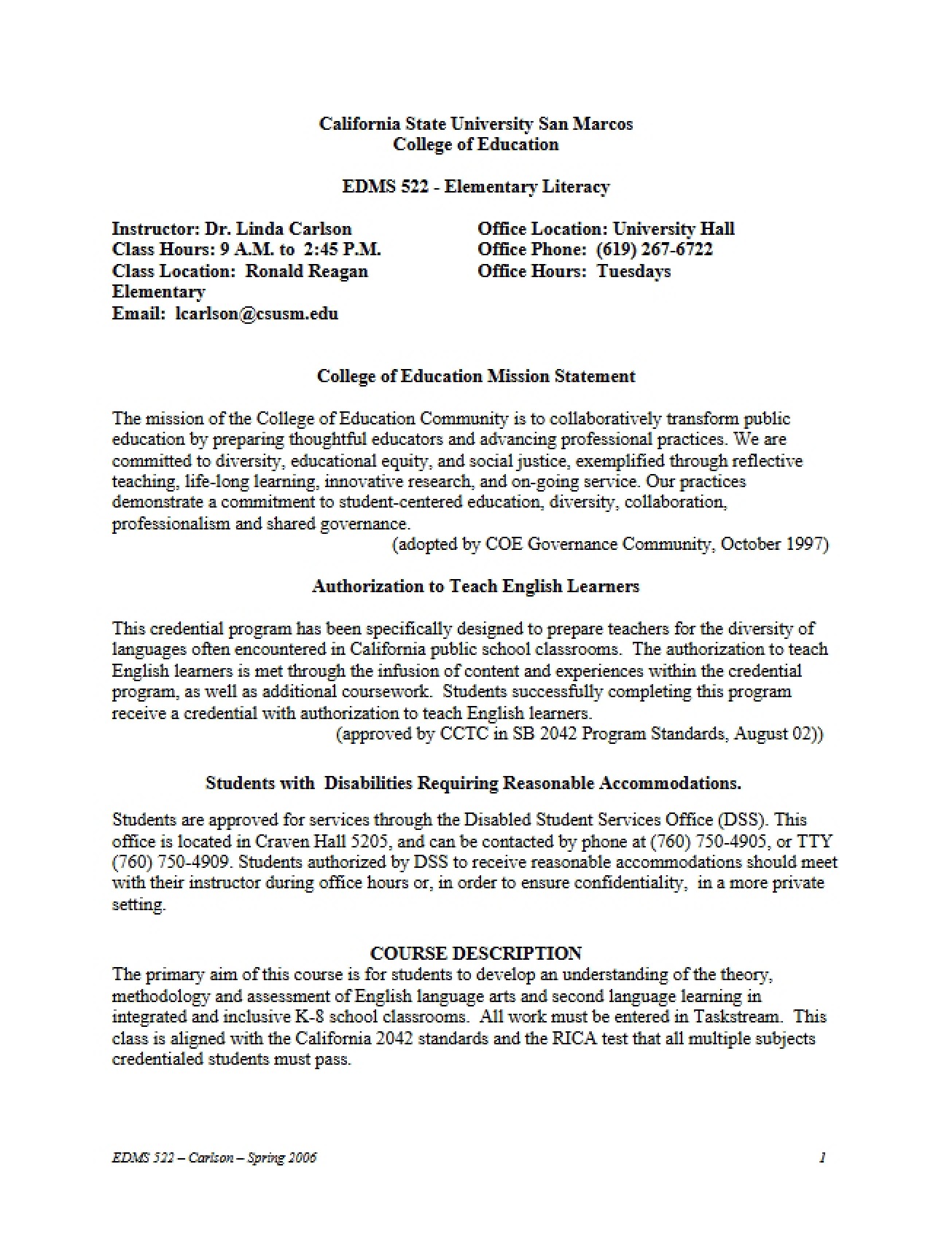 Elementary Literacy Two Syllabus V2