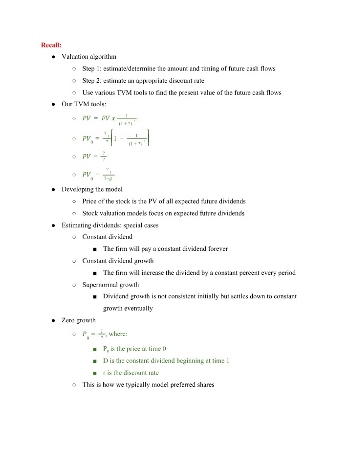 Week 6 - Stock Valuation, NPV, and Investment Criteria