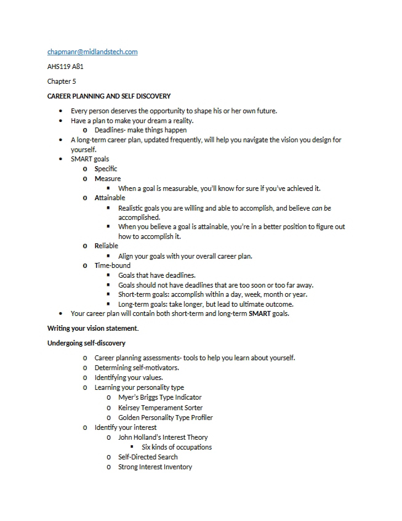 Self Discovery and Planning of Careers