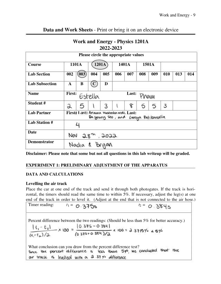 Work and Energy Lab - Calculations and Experiments