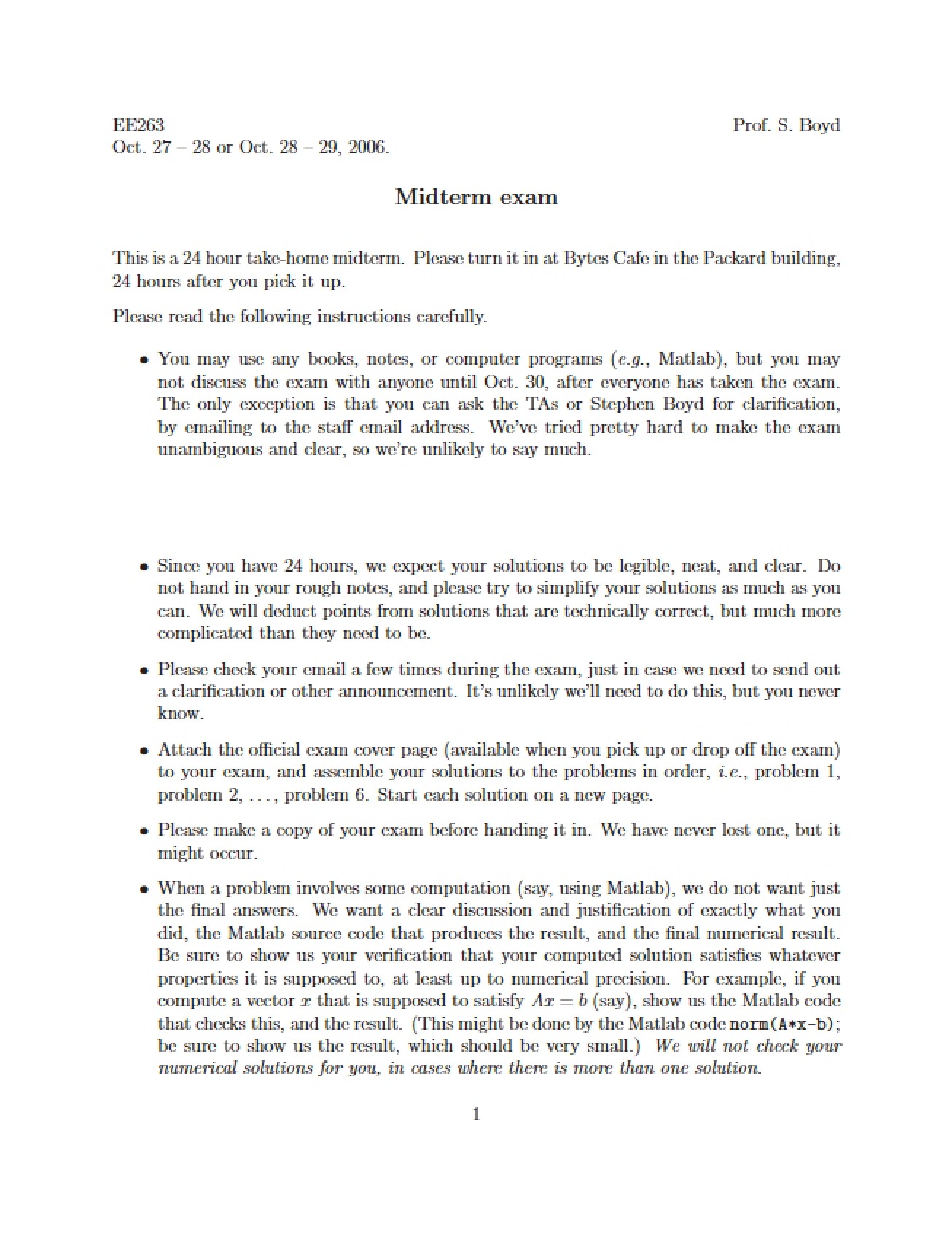 Midterm Exam for an Introduction to Linear Dynamical Systems Course