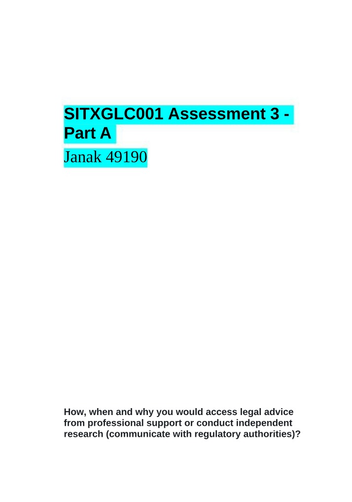 Part A of SITXGLC001 Assessment 3