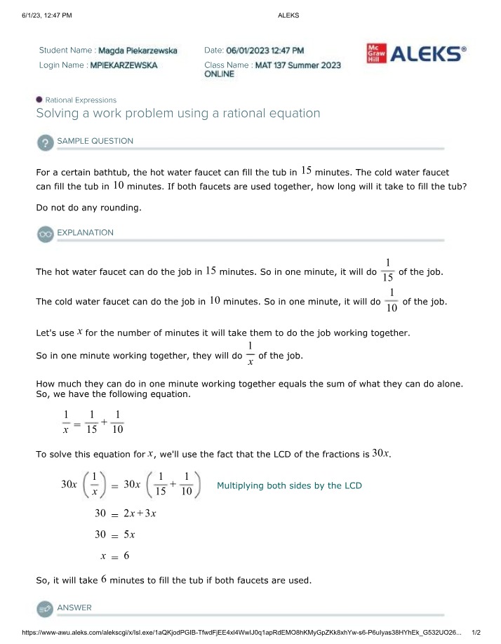 Solving Work Problems with Rational Equations