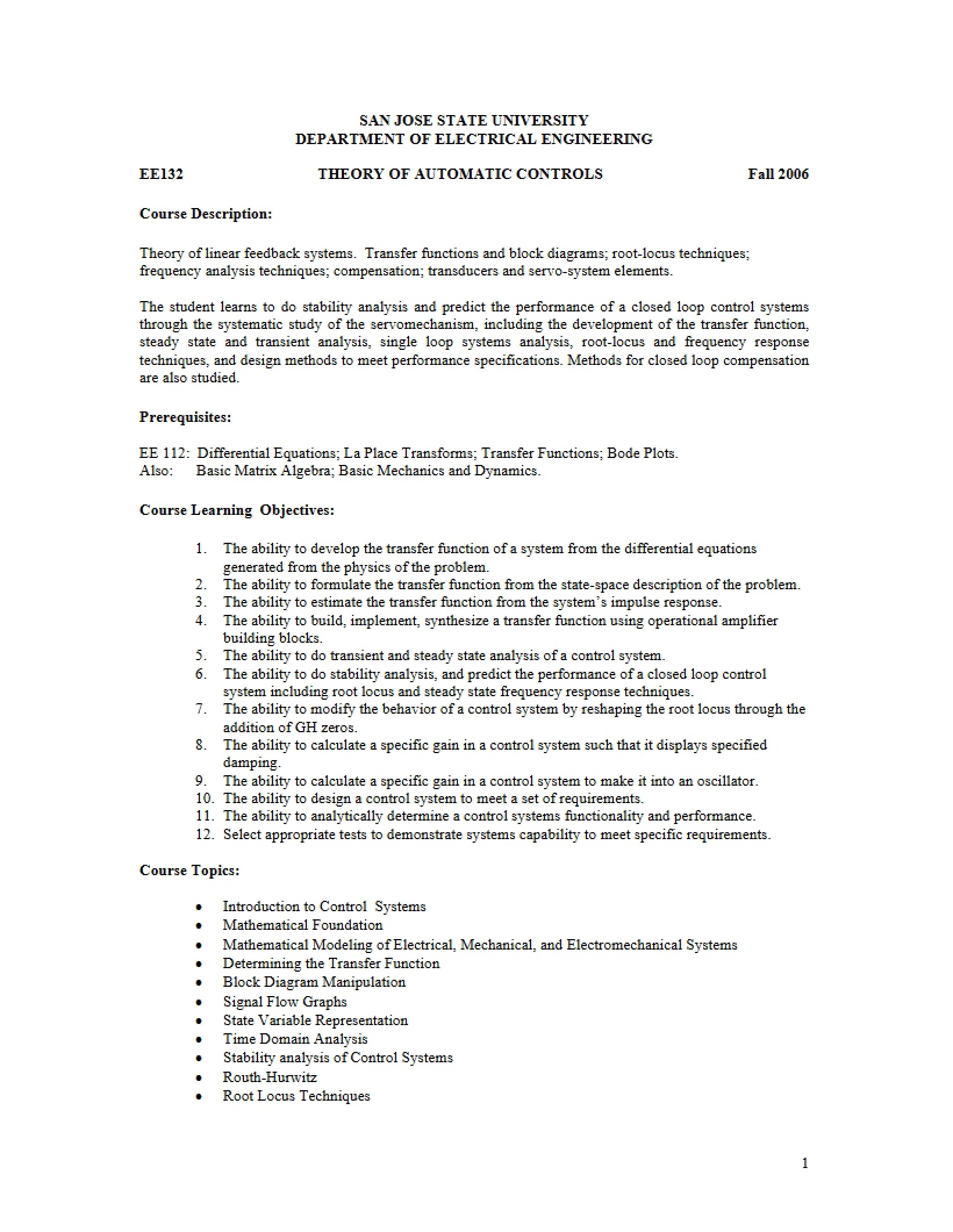 Course Outline for Automatic Controls