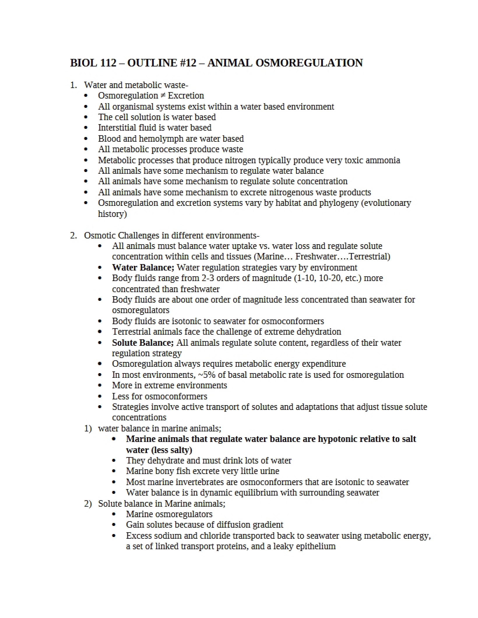 Animal Osmoregulation Outline 12