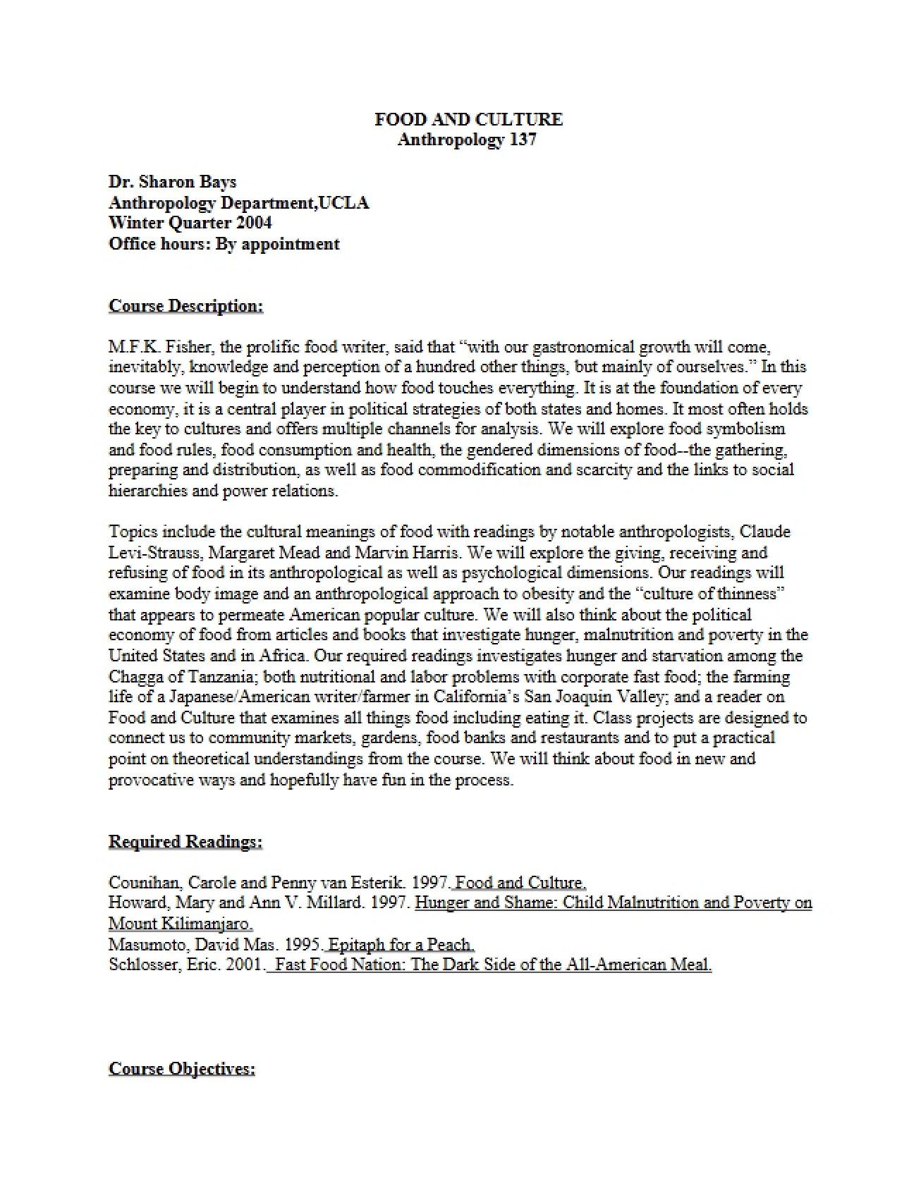 Syllabus for Cultural Anthropology