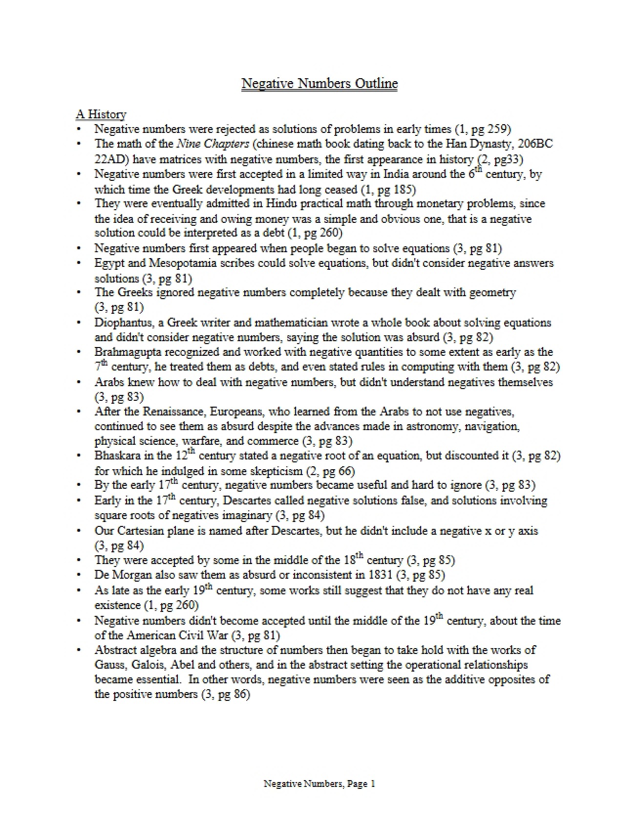 Outline of Negative Numbers