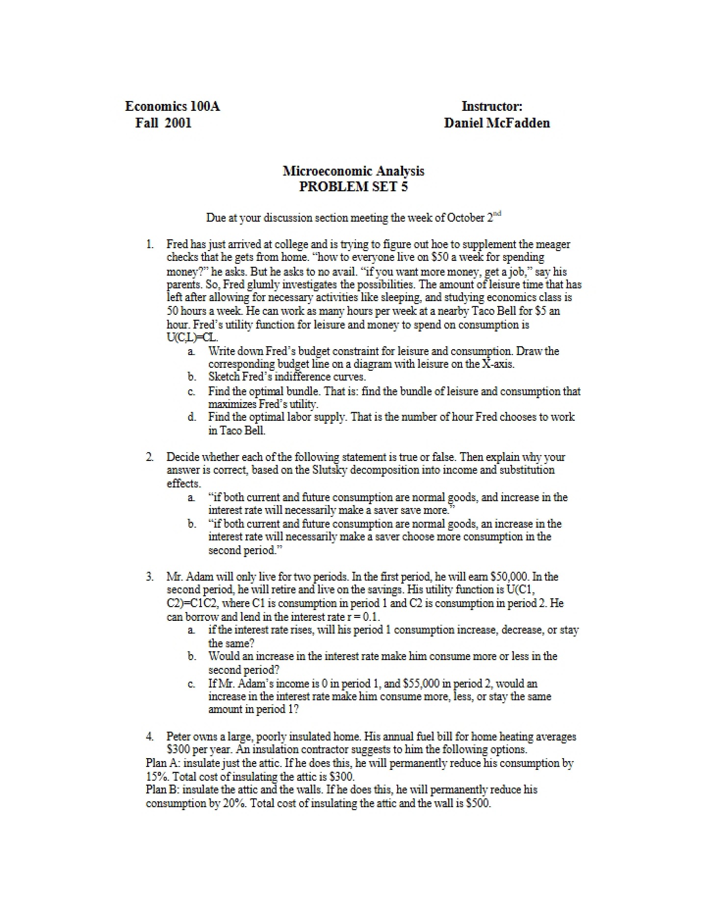 Fifth Problem Set Micro Analysis
