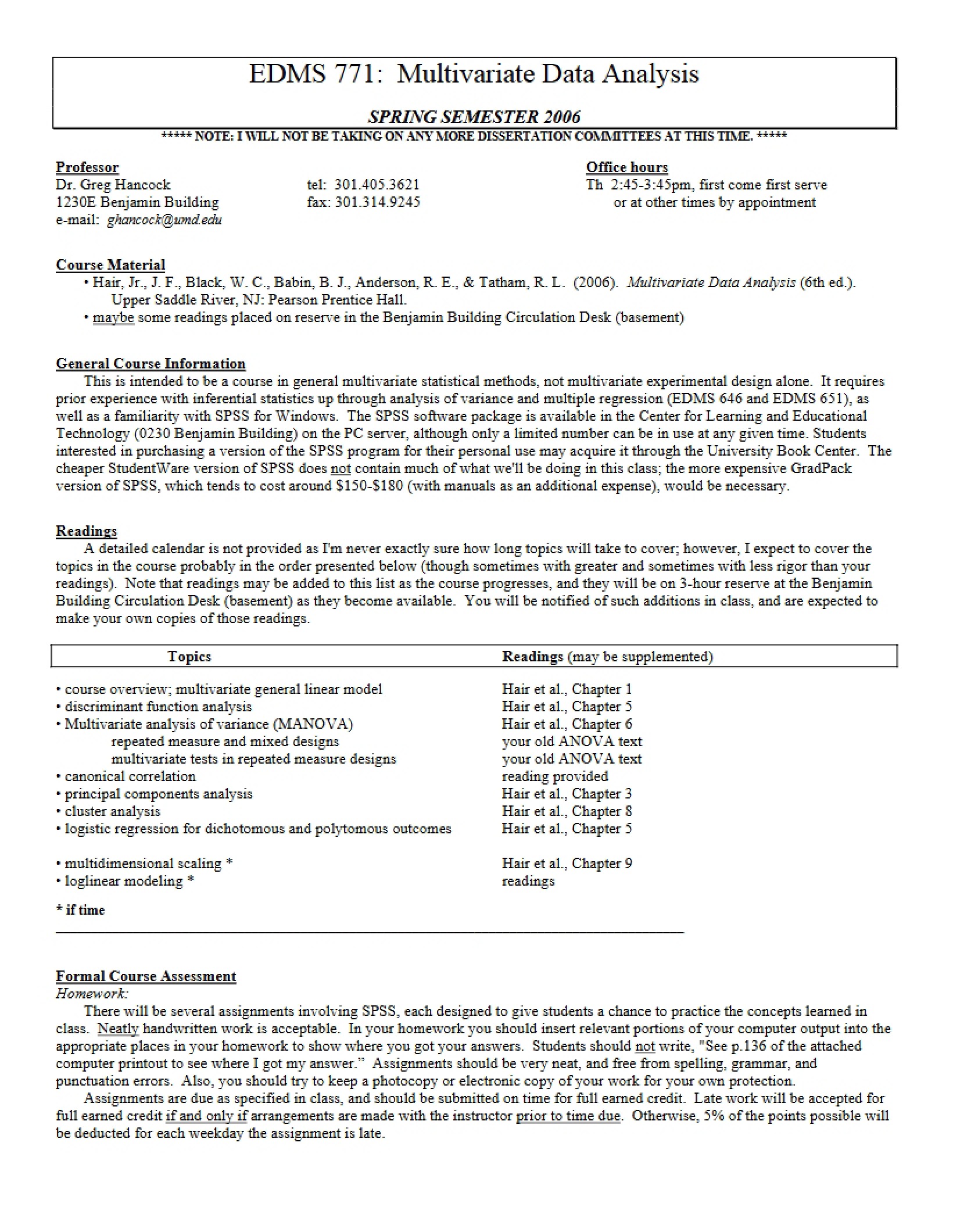 Multivariate Data Analysis Syllabus