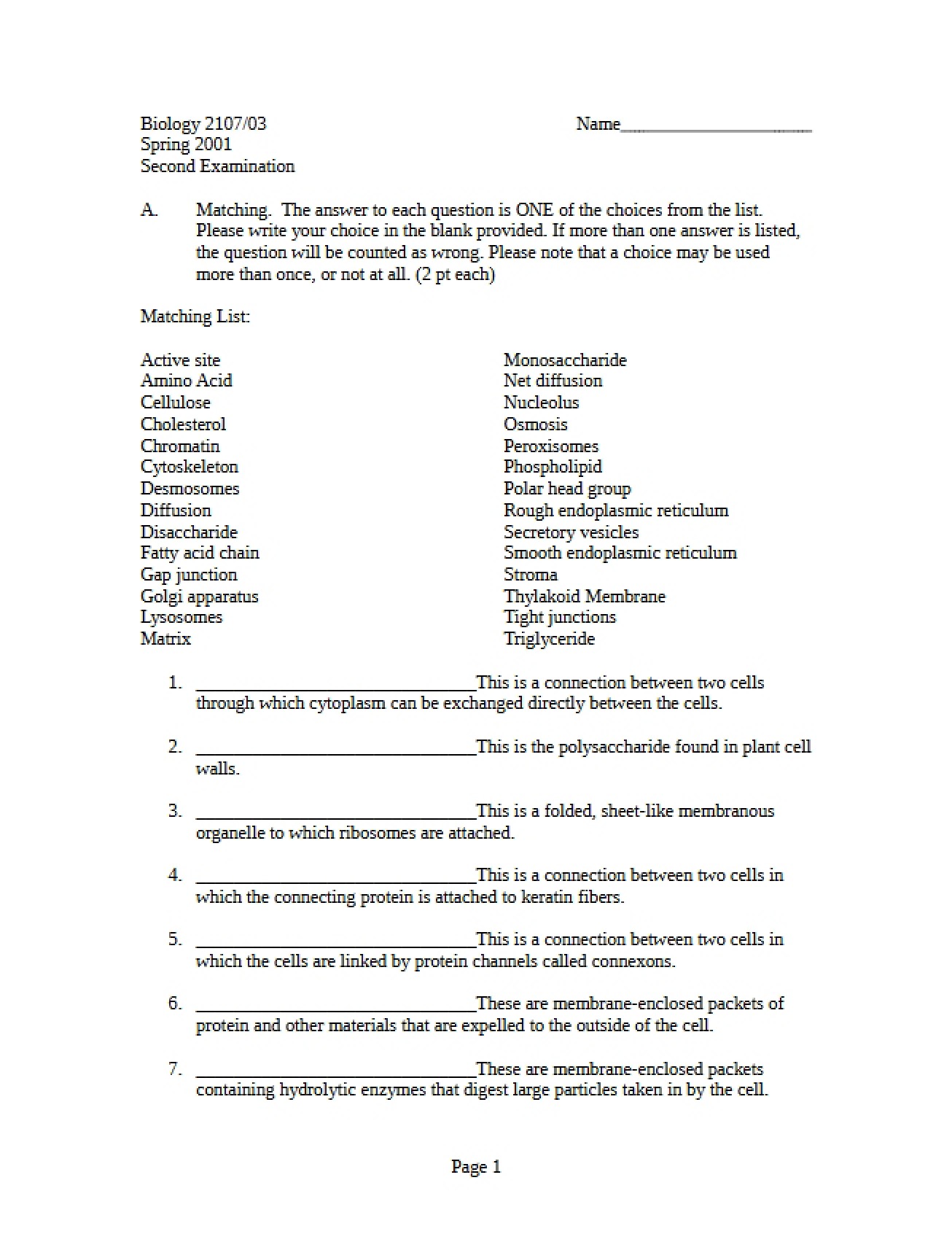 Second Examination for Biological Principles I