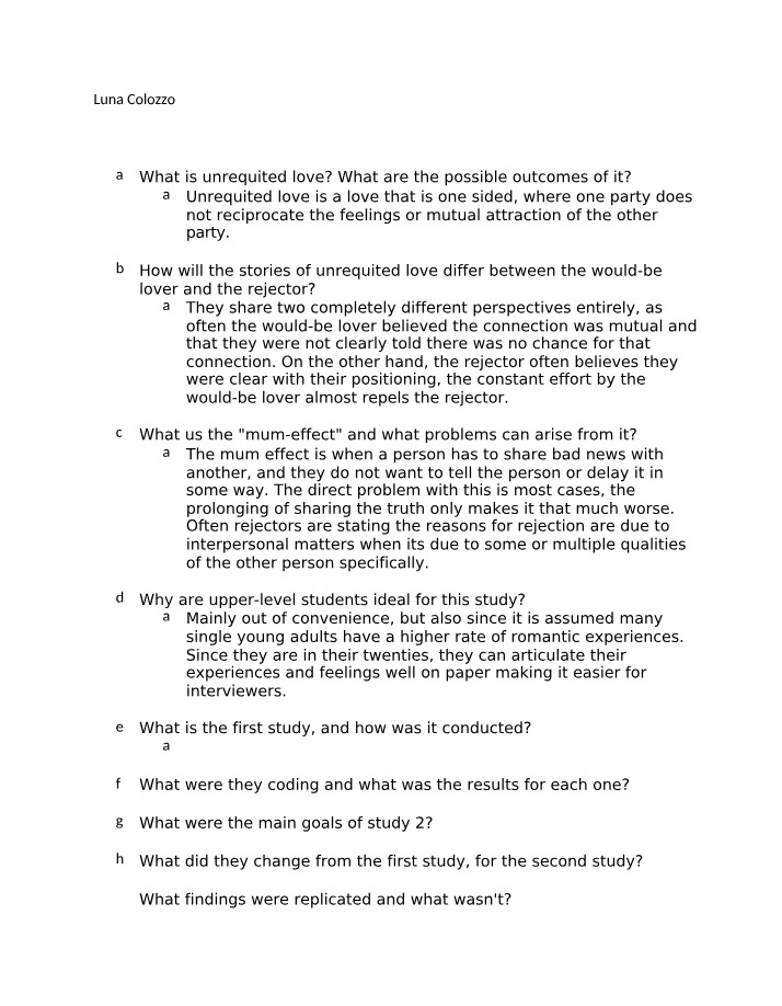 Study Questions and Answers - Unrequited Love