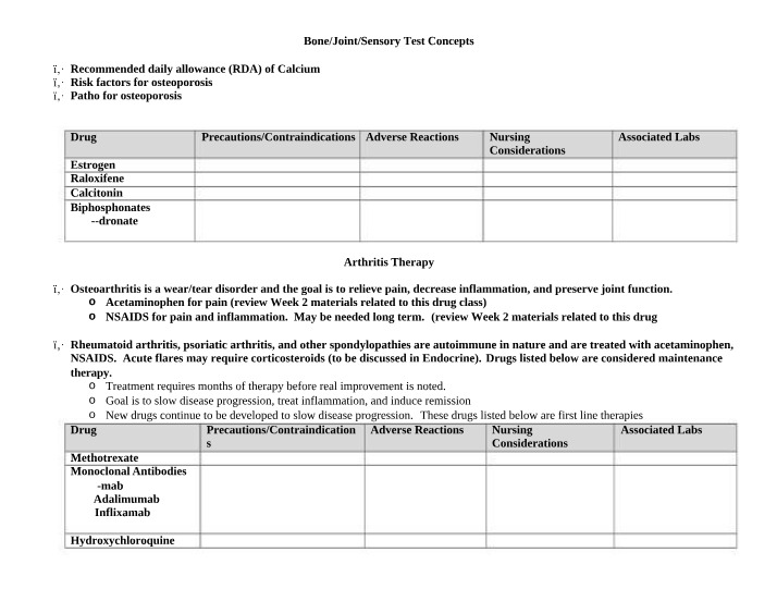 Test Concepts - Bone, Joint, and Sensory