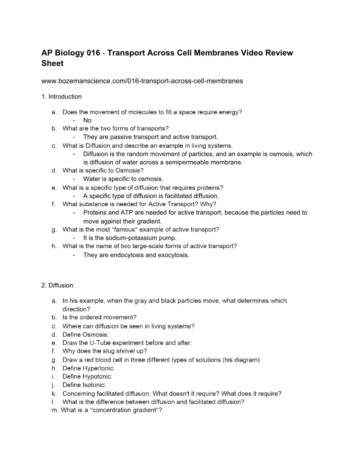 Worksheet on Transport Across Cell Membranes